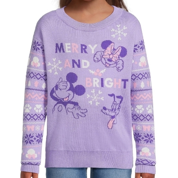 🔴 Disney Purple and Pink Crew Neck Sweater w/ Whimsical Winter Design 7/8 - Picture 1 of 7